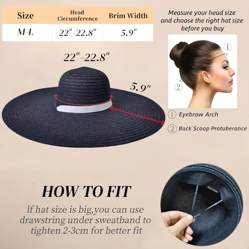 Oversized Beach Straw Hats for Women Floppy, Extra Large Sun Visor Hat Wide Brim Summer Roll Up Big Beach Hat Women Foldable - color: Diameter 50cm Black-2