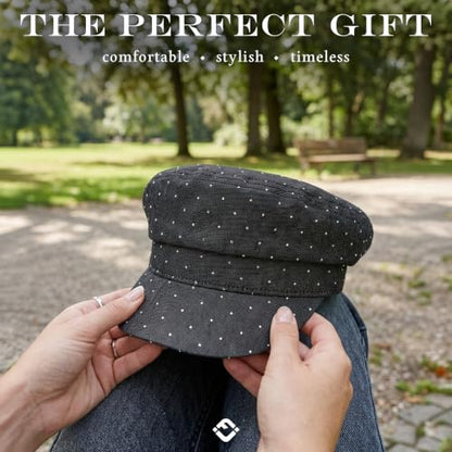 Funky Junque Greek Fisherman Newsboy Cap, Cotton Captains Bakerboy Hat - color: Rhinestone - Black