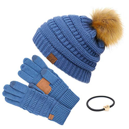 C.C Hatsandscarf Exclusives Unisex Solid Ribbed Beanie with Pom (HAT-43) - color: A Gift Set-dkdenim