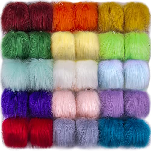 SIQUK 30 Pieces Faux Fur Pom Pom for Hats with Elastic Loop - color: Rainbow