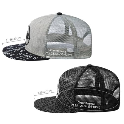 BASSDASH 2 Pack Flat Brim Trucker Cap Adjustable Snapback Hat Mesh Back for Men Women Fishing Hunting - color: Heather Grey and Black & Black Geometry