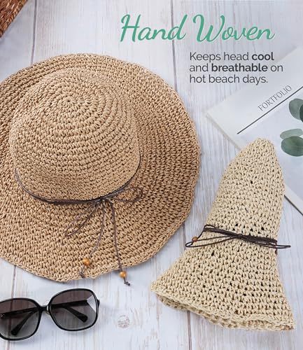 Hat Hut Floppy Beach Hat Crochet Straw Sun Hats for Women Wide Brim Handmade Summer Travel Hat Foldable Packable (US, Alpha, One Size, Beige)