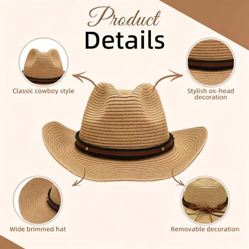 Straw Cowboy Hats Straw Cowgirl Hat for Women Men Wide with Shapeable Wide Brim Foldable Vacation Beach Sun Hat - color: Khaki