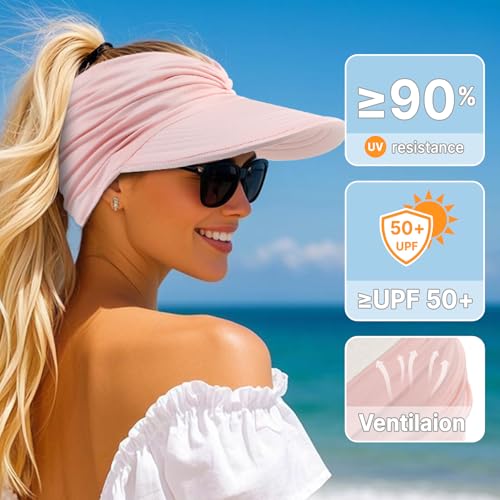 Sun Hats for Women, Wide Brim UV Protection Foldable Sun Visor Hats, UPF50+ - color: Pink