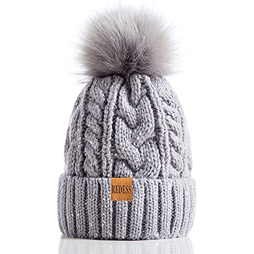 REDESS Women Winter Pompom Beanie Hat with Warm Fleece Lined Thick Slouchy Snow Knit Hat Skull Ski Cap - color: Light Gray