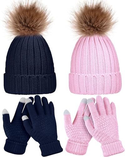 Syhood 4 Pcs Hat and Glove Set Winter Beanie and Glove Set - color: Navy Blue, Pinkish Pink