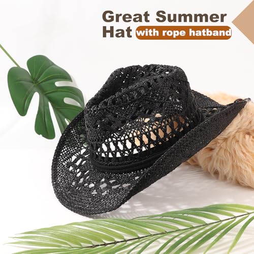 AQOKKA Straw Cowboy Hats for Women Men Western Cowgirl Hats with Shapeable Brim Woven Hollow Out Unisex Beach Roll Up Caps - color: Black