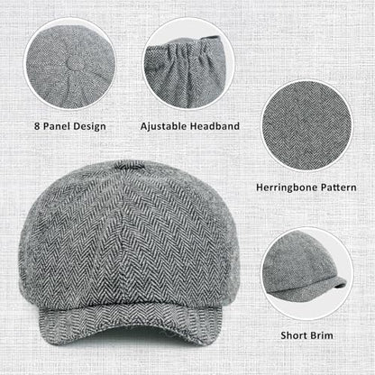 Men 8 Panel Newsboy Cap Classic Irish Gatsby Paperboy Ivy Newsies Herringbone Golf Cabbie Flat Wool Blend Winter Hat - color: Gray