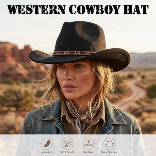 Western Cowboy Hat for Women, Shapeable Wide Brim Classic Cowgirl Hat - color: Color 2
