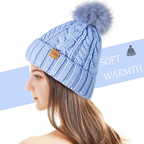 REDESS Women Winter Pompom Beanie Hat with Warm Fleece Lined Thick Slouchy Snow Knit Hat Skull Ski Cap - color: Light Blue