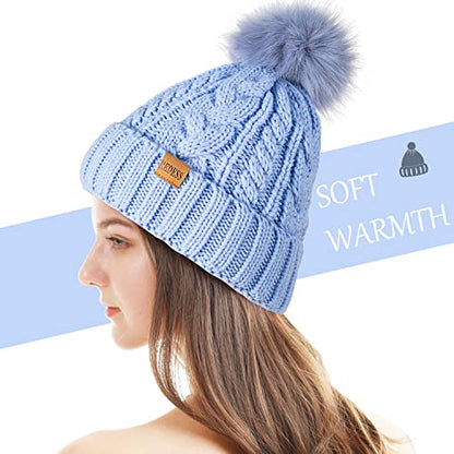 REDESS Women Winter Pompom Beanie Hat with Warm Fleece Lined Thick Slouchy Snow Knit Hat Skull Ski Cap - color: Light Blue