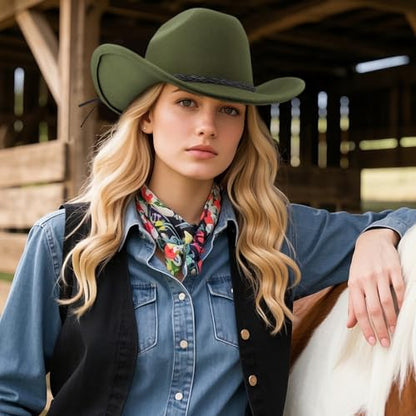 DRESHOW Western Cowboy Hat for Men Women Cowboy Cowgirl Hat Outdoor Wide Brim Retro Felt Fedora Hats Unisex Rolled up Caps - color: 1 Pack Style 9: Army Green With Braided Band