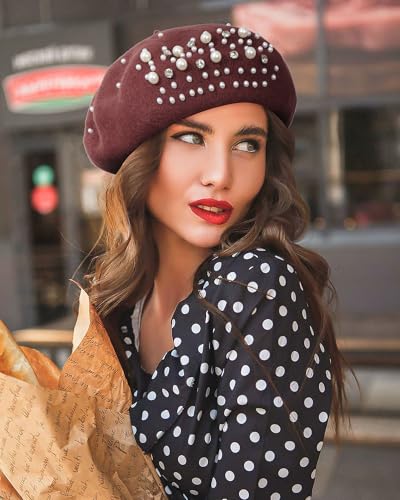 AWAYTR French Beret with Pearls & Rhinestones, Wool Beanie Hat for Women - color: Coffee