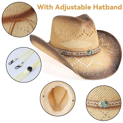 WQWOVRVO Cowboy Hat,Cowgirl Hat,Cowboy Hats for Women/Mens/Straw Wide with Shapeable Brim Western Cowboy Hat for Womens - color: Tawny & Coffee Color