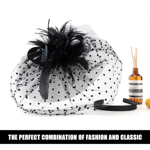 DRESHOW Fascinators Hat Flower Mesh Feathers Hat with a Headband and a Clip 7.9" Tea Party Headwear for Women - color: Folded Style 1: Black & White / 7.9"