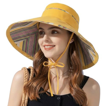 Reversible Wide Brim Sun Hat, Double-Sided Bucket Hat with Chin Strap, Packable UV Protection Beach Hat, Yellow - color: Yellow