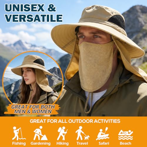 Wide Brim Sun Bucket Hat, Waterproof Boonie Hat for Men & Women - color: 07 Khaki (Full Coverage)