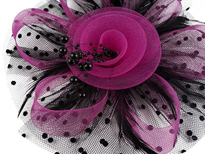 Kentucky Derby Fascinators for Women High Tea Party Hat Wedding Cocktail Flower Headware with Mesh and Feathers - color: Rose&black