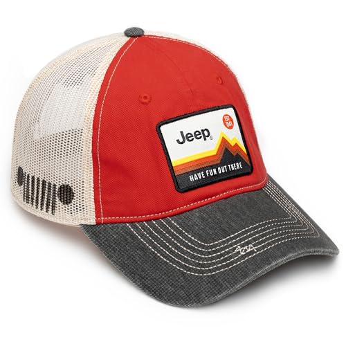 Jeep Have Fun Out There Patch Garment Washed Trucker Hat Unstructured for Men & Women - Adjustable Snapback Baseball Cap - color: Red