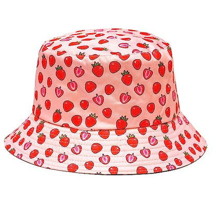 Rave Bucket Hat for Women & Men - Cute Bucket Hats - Festival Hat Adjustable 50+ SPF Protection Rave Accessories - color: Strawberry