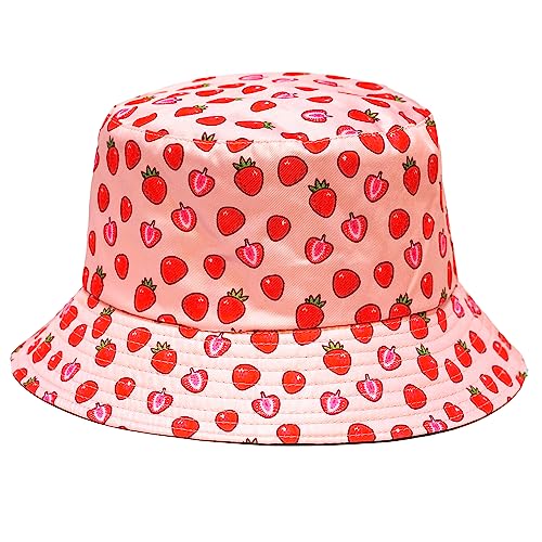 Rave Bucket Hat for Women & Men - Cute Bucket Hats - Festival Hat Adjustable 50+ SPF Protection Rave Accessories - color: Strawberry