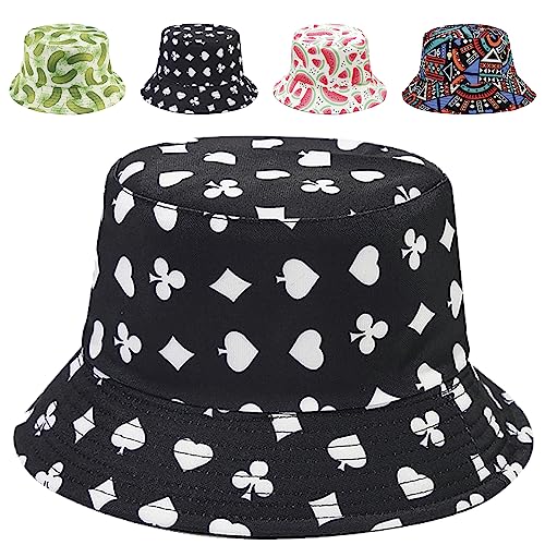 Reversible Bucket Hat for Women Summer Travel Fisherman Cap, Girls Cute Double Side Wear Bucket Cap - color: Poker