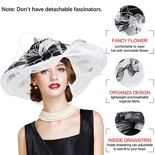2026 Derby Hats for Women Ladies, Classy Organza Sun Hat, Church Tea Party Wedding Kentucky Fascinator Hat - color: 5j-2462-black White