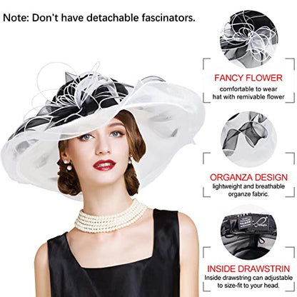 2026 Derby Hats for Women Ladies, Classy Organza Sun Hat, Church Tea Party Wedding Kentucky Fascinator Hat - color: 5j-2462-black White