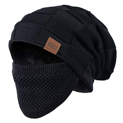 REDESS Beanie Hat for Men and Women Winter Warm Hats Knit Slouchy Thick Skull Cap with Face Cover - color: D4 Pure Black
