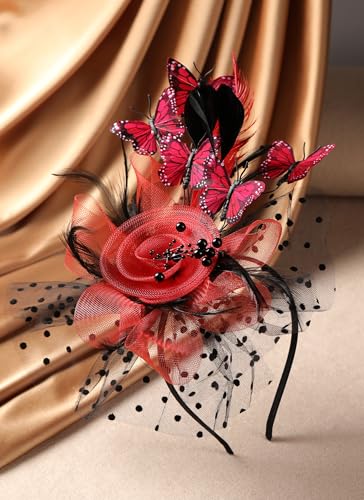 Zinniday Butterfly Derby Hat 2025 - Classic Tea Party Hats with Hair Clip, 1920s 50s Fascinators for Lady Woman - color: Black Red