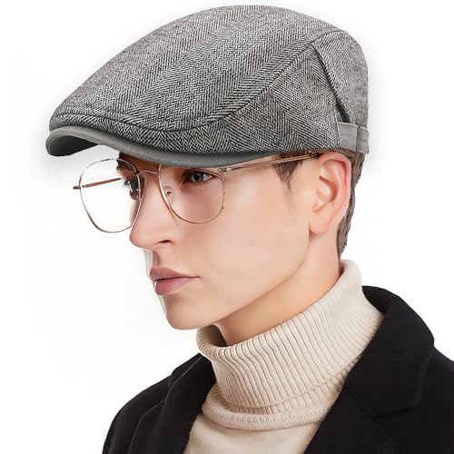 Mens Herringbone Tweed Newsboy Cap Flat Ivy Gatsby Hat Adjustable Cabbie Cap for Women - color: Light Khaki