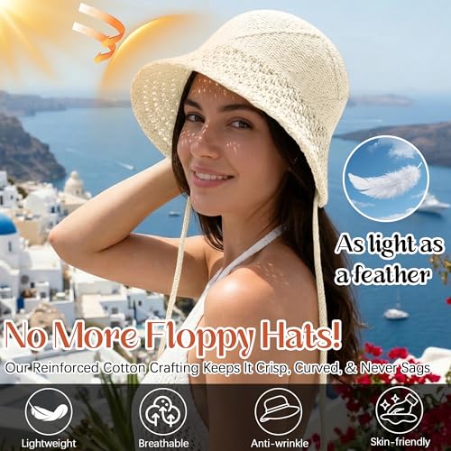 Ababalaya Women’s Lightweight Cotton Crochet Bucket Hat - color: Beige