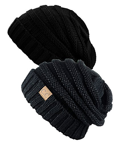 NYFASHION101 Oversized Baggy Slouchy Thick Winter Beanie Hat - color: Black & Black Metallic