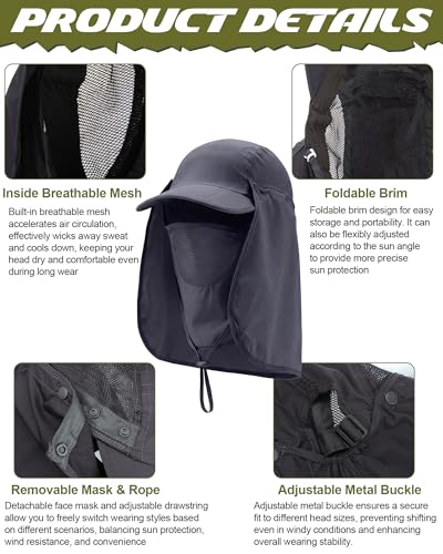 6 Pcs Foldable Sun Cap with Removable Face Mask Neck Flap Baseball Cap Sun Protection Outdoor Summer for Men Women