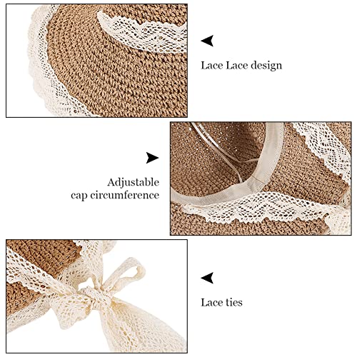 Women Wide Brim Straw Sun Hat Floppy Beach Cap UV Protection Crochet Bucket Hat Packable Summer Travel Hat with Lace Brim - color: Khaki