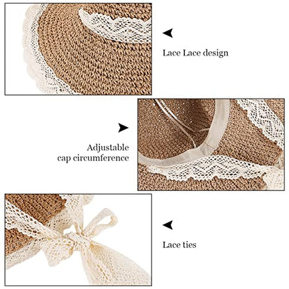 Women Wide Brim Straw Sun Hat Floppy Beach Cap UV Protection Crochet Bucket Hat Packable Summer Travel Hat with Lace Brim - color: Khaki