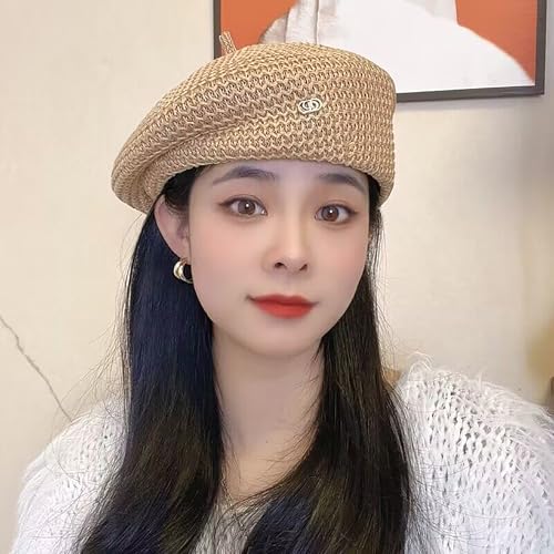Women Summer Straw Woven Sunhat Classic Beret Artist Painter Sun Hat Cap - color: B Khaki