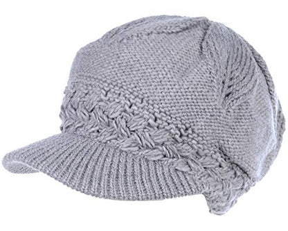 BYOS Womens Winter Chic Cable Warm Fleece Lined Crochet Knit Hat W/Visor Newsboy Cabbie Cap - color: Braided Front Lt.gray