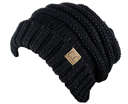 NYFASHION101 Slouch Wrinkled Beanie Cap Slouchy Skull Hat - color: Black Metallic