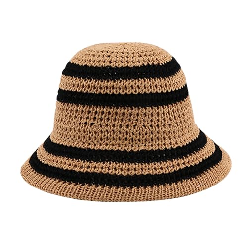 Gogobear Summer Straw Sun Hat for Women Outdoor Striped Beach Bucket Hat - color: Khaki
