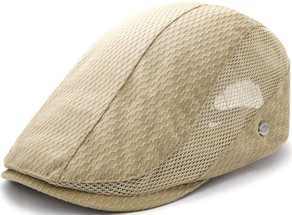 Mesh Cap Breathable Summer Newsboy Hat Adjustable Beret Ivy Cap Irish Cabbie Driving Fishing Hats - color: Khaki