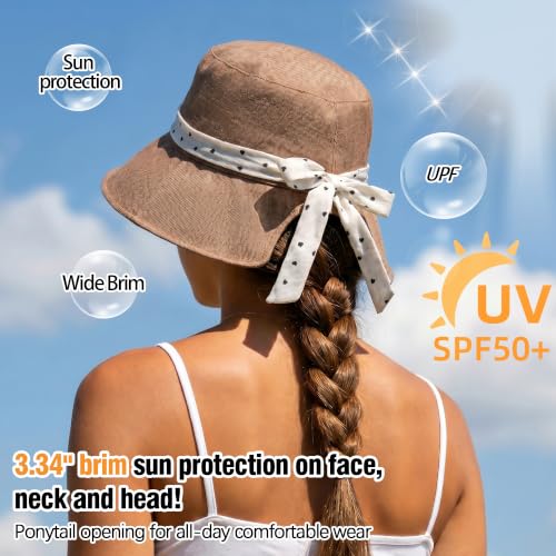 Babalet Linen Blend Sun Hat for Women Wide Brim Beach Bucket Hat - color: Khaki- Ponytail Opening