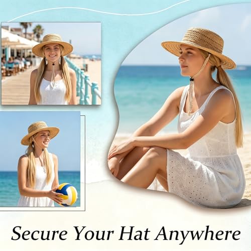 2PCS Adjustable Hat Strap Clips, Sun Hats Chin Strap Replacement, Windproof Adjustable Wide Lace Chin Cord for Sun Hats, Fisherman Hats, Boonie Hat, Wide Brim Fishing Hat Beige, Black