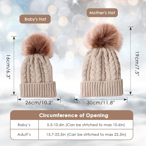 2PCS Parent-Child Knit Hat Family Matching Winter Warmer Hat Mother & Baby Crochet Beanie Ski Cap with Pom - color: Khaki