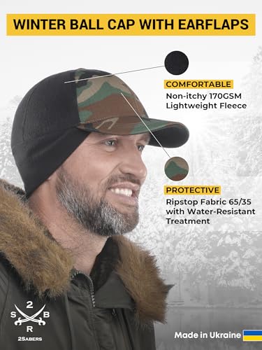 2SBR 2SABERS Mens Winter Hat with Earflaps and Visor - Warm Trucker Baseball Cap Hat - color: Wood Camo, size: Small