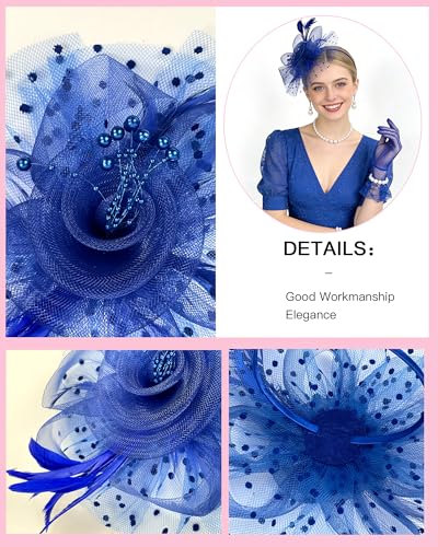 Fascinator Tea Party Hat Set for Women Elegant Vintage Accessories for High Tea Wedding Bridal Shower - color: Royal Blue