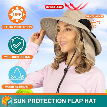 SUN CUBE Wide Brim Sun Hat for Men & Women, UPF 50+ UV Protection, Mesh Boonie Hat with Chin Strap, Fishing Hiking Hat - color: Tan With Flap