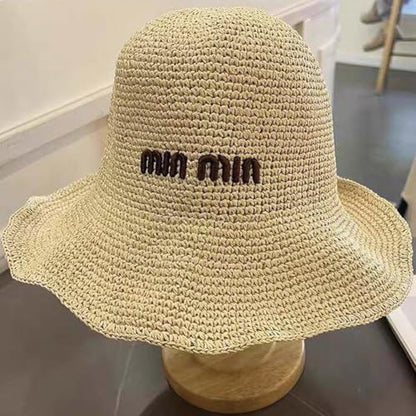 Women Straw Sun Hat Summer Beach Hats Foldable Floppy Cap Wide Brim Bucket Hat Solid Handmade Sun Protection Caps - color: Min-beige