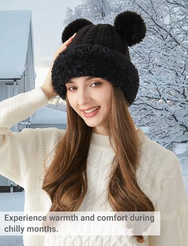 FEOYA Womens Knit Winter Beanie Hat with Faux Fur Pompom Fuzzy Cute Knit Fleece Lined Skull Cap - color: Black