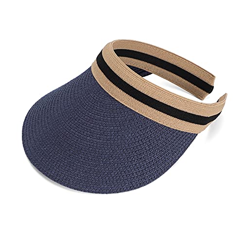 Women Summer Sun Hat Lady's Portable Beach Visor Bowknot Straw Hat - color: Navy